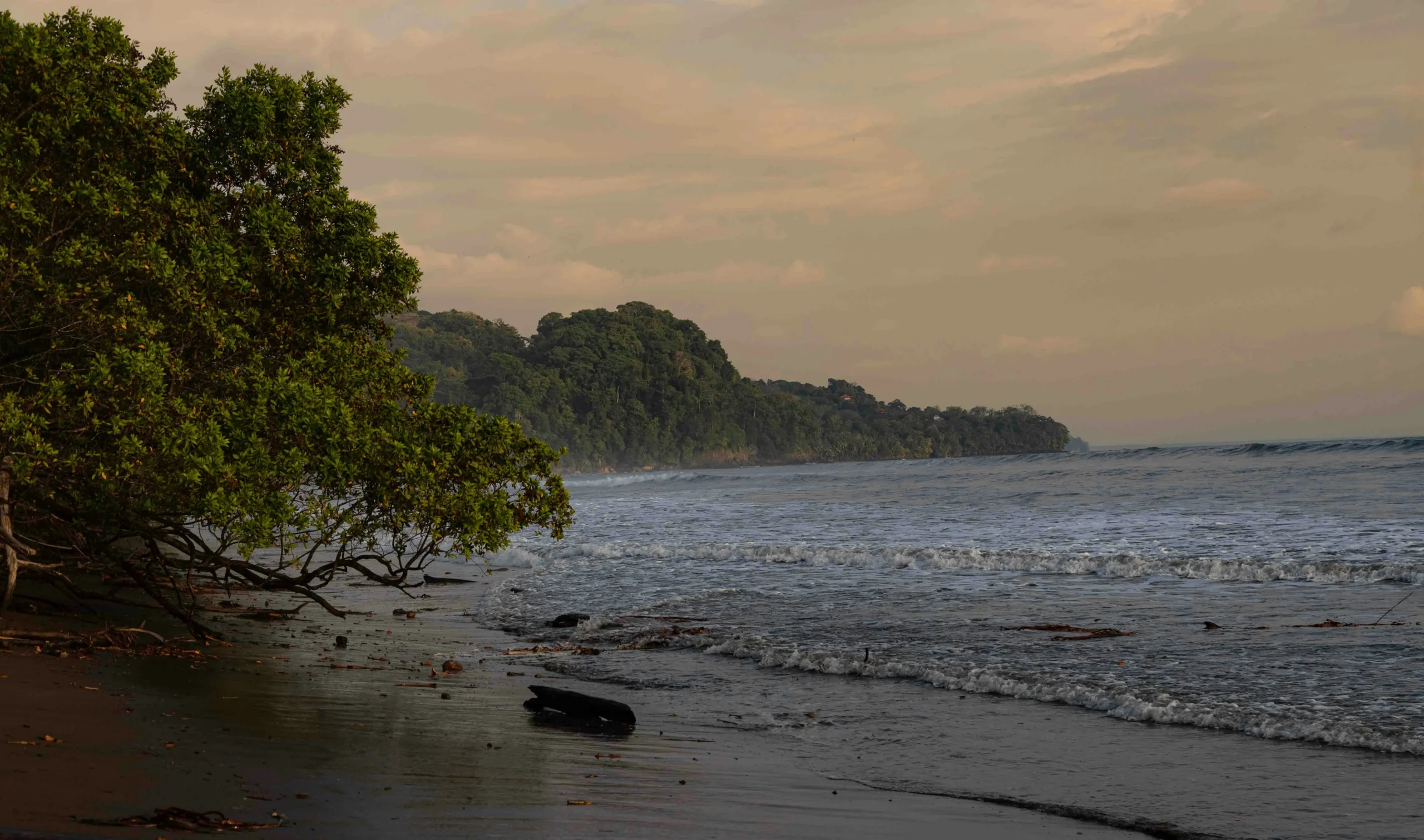 Quiet Uvita beach during a rain shower in green season, Costa Rica