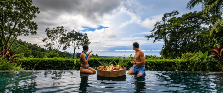 A couple sitting in an infinity pool enjoying a floating basket filled with fresh tropical fruit while taking in views of the jungle and ocean line under a cloudy sky.